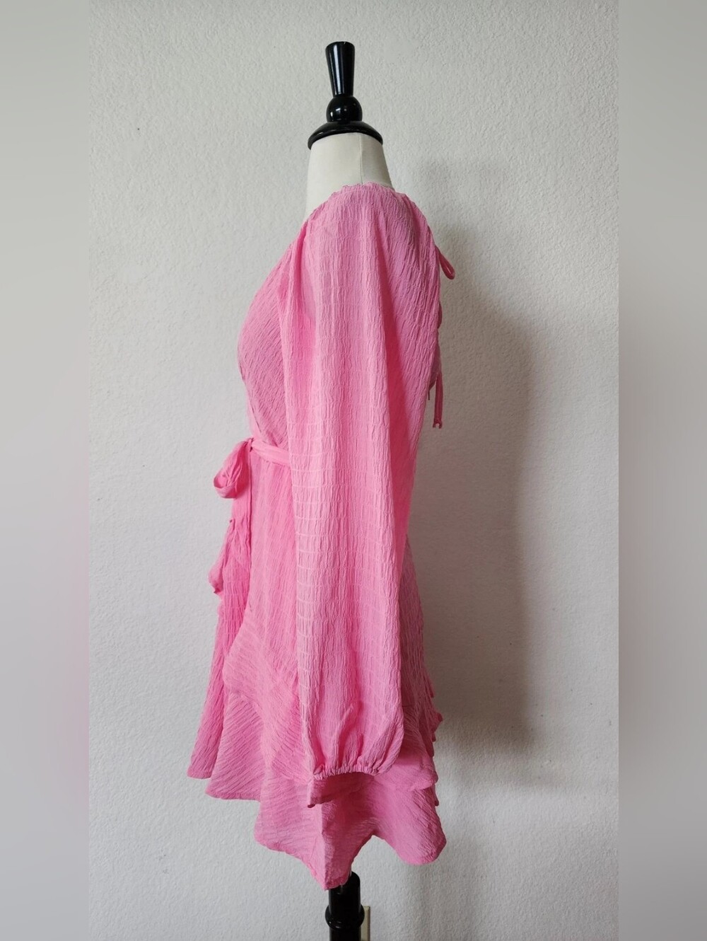 Pink Long-Sleeve Wrap Mini Dress with Tie Waist - Picture 2 of 4